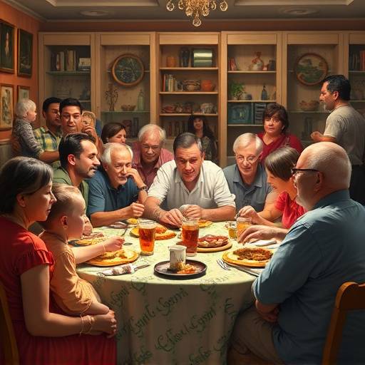 Affiche de 'Famille Nombreuse (Mais Pas Trop)', illustrant une grande famille réunie autour d'une table, chacun ayant une expression faciale différente reflétant le chaos familial