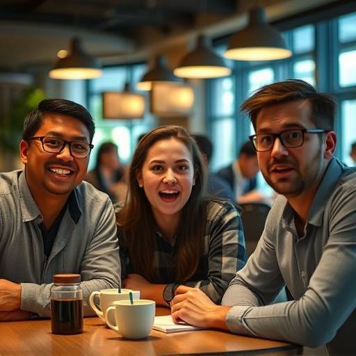 Affiche de la série 'Café Crème', montrant des collègues de travail dans un café avec des expressions exagérées de surprise et d'amusement