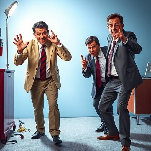 Affiche de la série 'Les Experts en Gaffes', avec une équipe d'enquêteurs maladroits dans des positions comiques lors d'une scène de crime