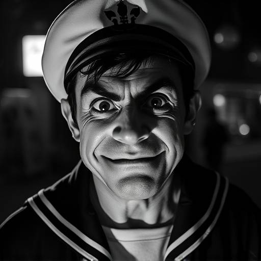 Affiche en noir et blanc de 'Les Aventures de Petit Navire', un marin espiègle faisant des grimaces, symbole de l'humour absurde
